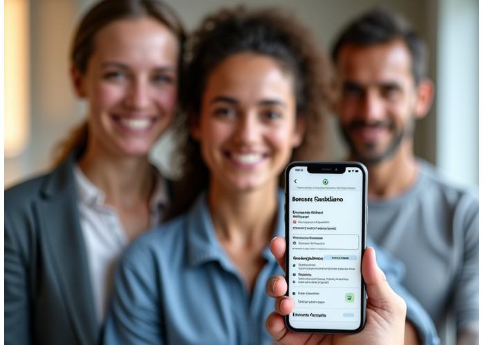 Un team di professionisti del benessere (coach, nutrizionista, trainer) e uno smartphone che mostra un'app di benessere. 