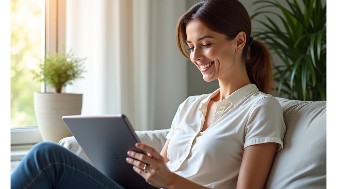 Donna sorridente che legge un tablet in un ambiente luminoso, simbolo di apprendimento e benessere.