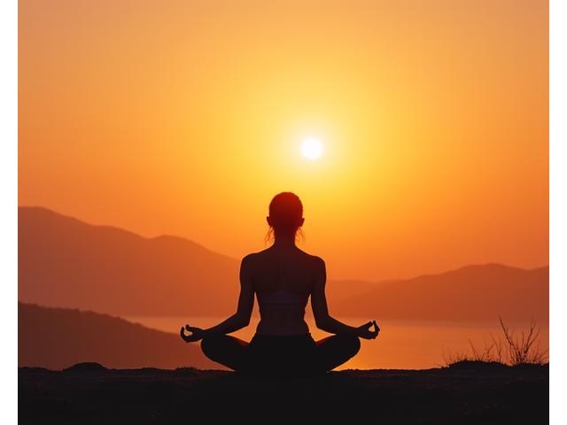 Una persona che pratica yoga al tramonto, simbolo di serenità e mindfulness.