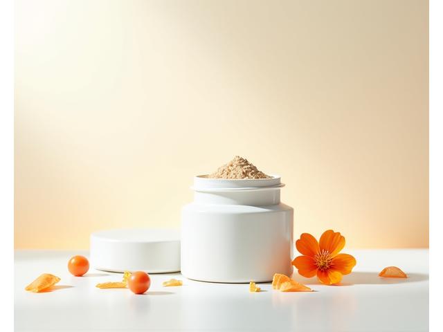 Flacone di collagene marino accanto a petali di fiori e una bacca di goji rossa su una superficie bianca.