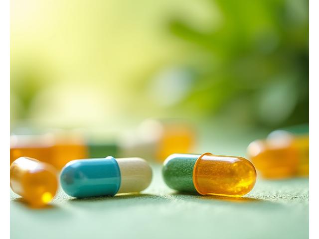 Capsule multivitaminiche colorate in una capsula trasparente su sfondo verde, con sfocatura di erbe aromatiche.